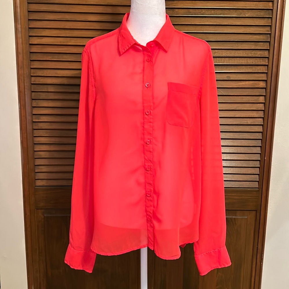American Eagle Outfitters Neon Orange Sheer Blouse - Picture 1 of 7